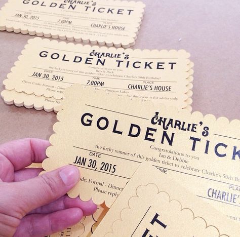 As kids we LOVED Charlie & The Chocolate Factory! I don't know how many times we watched it, but it never got old! Just love these Golden Ticket invites by Emma Smith Events Stationery! Golden Ticket Birthday Invite, Golden Ticket Invitation, Golden Ticket Design, Wonka Edits, Gold Ticket, Chocolate Factory Party, Emma Smith, Terrace Room, Instagram Insights