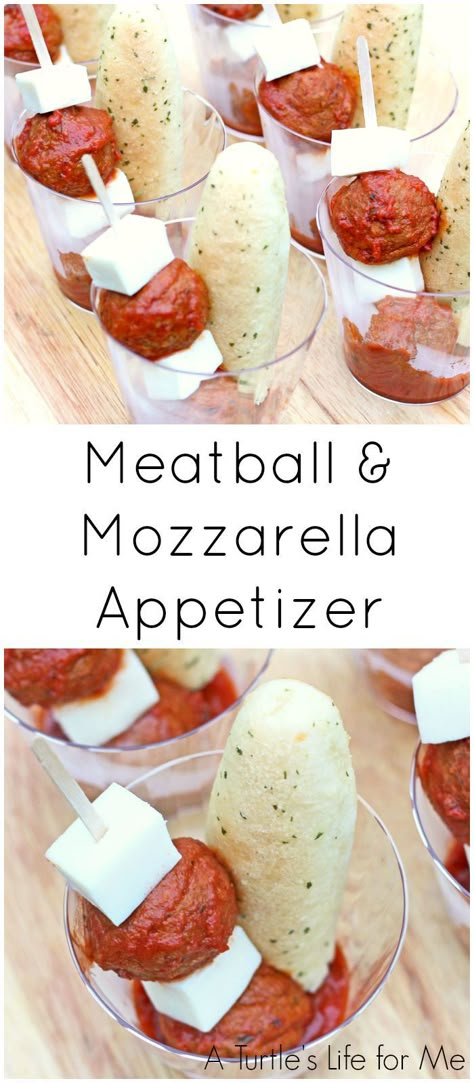 meatball and mozzarella appetizer skewers are the perfect addition to your holiday party Meatball Appetizer Cups, Mini Tasting Party Ideas, Meatballs In A Cup Appetizer, Impressive Party Appetizers, Finger Foods In Cups, Prepare Ahead Party Food, Mini Cup Appetizers Parties Food, Appetizer In A Cup Ideas, House Warming Party Ideas Food