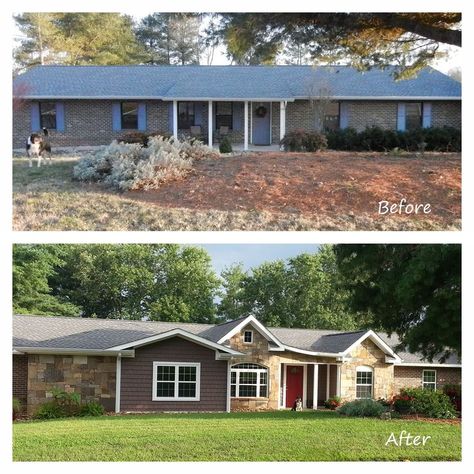 remodeled ranch homes before and after | Before and After Exterior Renovation. Ranch house remodel with stone ... Exterior Remodel Before And After, Ranch House Remodel, Ranch House Exterior, Ranch Remodel, Ranch Exterior, Brick Ranch, Home Exterior Makeover, Stucco Exterior, Exterior Renovation