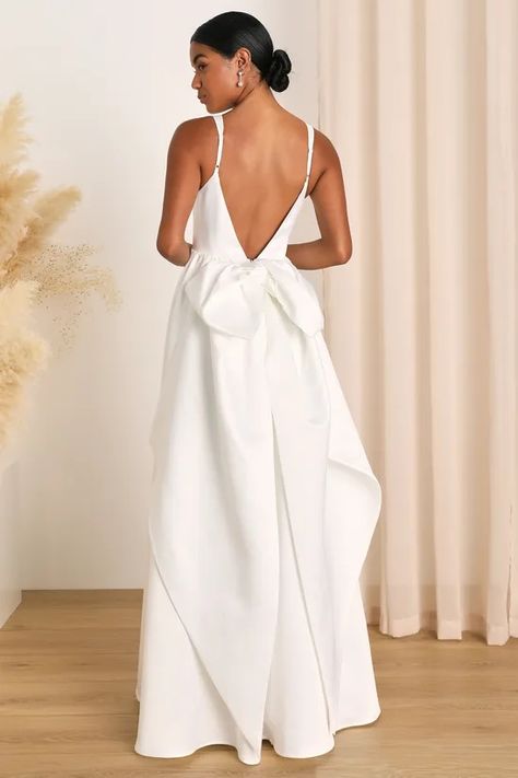 satin maxi dress - Lulus Search Wedding Dress With A Bow, Long Sleeve White Dress Short, Vegas Dresses, Bow Wedding Dress, Rush Dresses, Random Videos, Silky Dress, White Dresses For Women, Backless Maxi Dresses