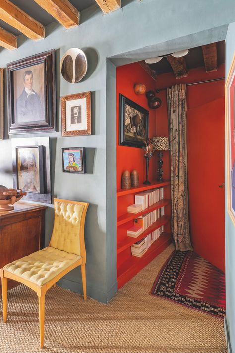 Eclectic Open Floor Plan, Nice France Apartment, Blue Trim Interior, Havana Modern, Blue And Red Aesthetic, Studio Apartment Bedroom, Colorful Entryway, Desert Cabin, Fun Interior Design