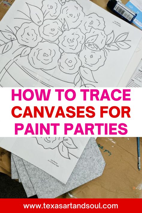 How To Make Your Own Canvas For Painting, Diy Painting Canvas Party, At Home Paint Night Ideas Easy, Diy Pre Drawn Canvas, Paint Party Tutorials Step By Step, Paint N Sip At Home, Paint Party Set Up Ideas, Best Paint For Canvas Painting, Painting Ideas On Canvas Templates