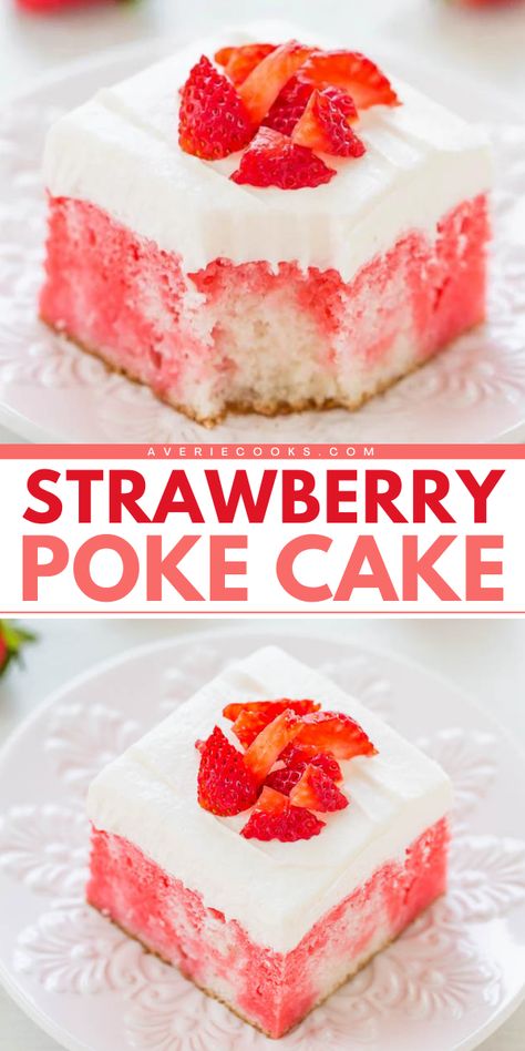 A fruit dessert recipe for parties and potlucks! This strawberry poke cake with jello is an easy fruit recipe using just 5 ingredients. Served with whipped topping and fresh strawberries, this strawberry jello poke cake is one of the best summer desserts! Poke Cake With Jello, Strawberry Poke Cake Recipe, Strawberry Jello Poke Cake, Cake With Jello, Strawberry Jello Cake, Jello Poke Cake, Spring Dessert Ideas, Strawberry Poke Cake, Poke Cake Jello