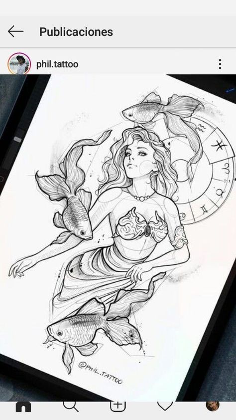 Pisces Art Drawing Simple, Pisces Art Drawing, Zodia Pești, Mode Poses, Horoscope Tattoos, Aquarius Tattoo, Mythology Tattoos, Mermaid Tattoo, Mermaid Tattoos