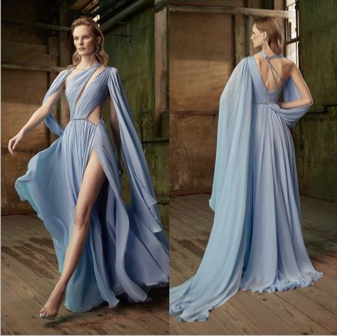 Air Goddess Dress, Greek Style Prom Dress, Back Of Dress Design, Light Blue Goddess Dress, Ancient Greek Prom Dress, Artemis Dress Greek Gods, Greek Gowns Goddesses, Blue Grecian Dress, Goddess Dress Prom