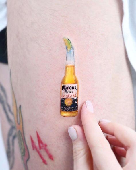 Yup, It’s Another Corona Bottle by Edit Paints Tattoo Beer Tattoo, Beer Tattoos, Stick Tattoo, Bottle Tattoo, Painting Tattoo, Diy Tattoo, Tattoo Kits, Tattoo Life, Fine Line Tattoos