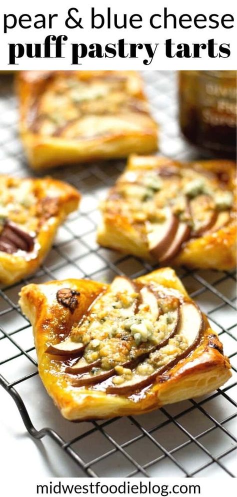 Pear Tarts with Blue Cheese | 5 ingredients and 20 minutes is all it takes to get these flaky, buttery puff pastry pear tarts in the oven! Sweet fig jam, tender sliced pears and tangy blue cheese make this a delicious, crowd pleasing appetizer. Blue Cheese Pastry, Pear And Goat Cheese Tart, Pear Blue Cheese Crostini, Pear And Puff Pastry, Pear Cheese Appetizer, Pear And Blue Cheese Tart, Pear Blue Cheese Puff Pastry, Pear And Blue Cheese Appetizer, Pear Blue Cheese Tart