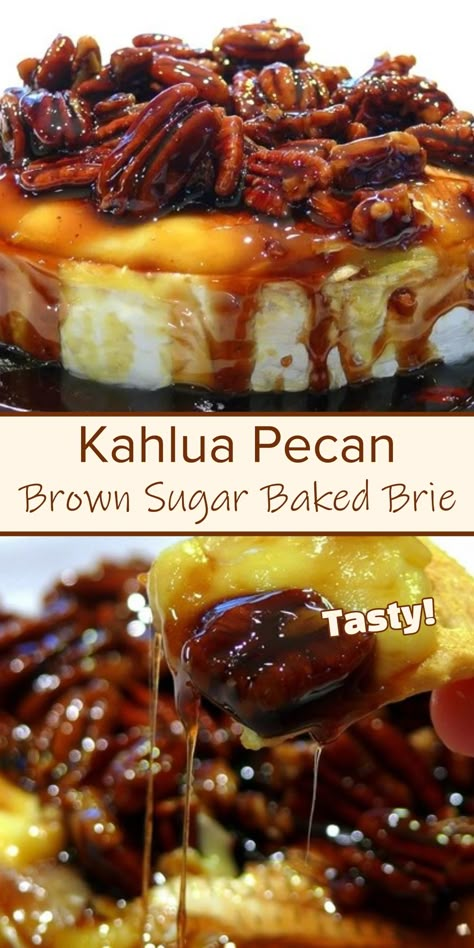 Delicious Kahlua Pecan Brown Sugar Baked Brie - Cucinadeyung Kahlua Pecan Brown Sugar Baked Brie, Brie With Brown Sugar And Pecans, Sweet Baked Brie Recipes, Recipes With Kahlua, Brie Recipes Appetizers, Thanksgiving Apps, Brie Cheese Recipes, Pecan Baked Brie, Baked Brie Recipes