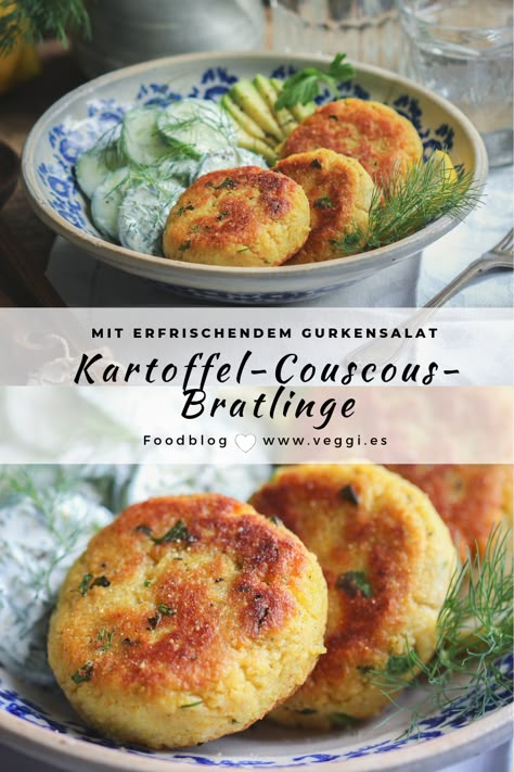 Diese goldbraun gebackene Kartoffel-Couscous-Bratlinge sind fix gemacht, sättigend & sehr lecker! Sie brauchen allerdings unbedingt eine Soße als Beilage, allein sind sonst etwas zu trocken. Deshalb kombiniere ich die sie mit einem erfrischendem Gurken-Dill-Salat. Ihr könnt sie aber mit fast jeder Art von Dip oder Soße servieren – ganz gleich ob Tomatensoße, Guacamole, Cashewcream, Salsa, Kräuterdip oder ganz simpel mit Ketchup (mögen Kinder gern!). Das Rezept ist so einfach wie genial. Salad Recipes Healthy Lunch, Salad Kale, Salad Recipes Healthy Easy, Vegan Potato, Salad Recipes For Dinner, God Mat, Potatoe Salad Recipe, Chicken Salad Recipes, Diet Keto