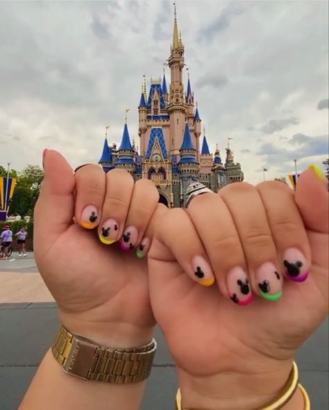 Colorful french tips with black mickey ears randomly placed Clear Disney Nails, Unique Disney Nails, Disney Nails 2022, Disney Pedicure Ideas, Nails Acrylic Coffin Spring, Disney Themed Nails Acrylic, Disney Character Nails, Summer Nails At Home, Disney Fall Nails