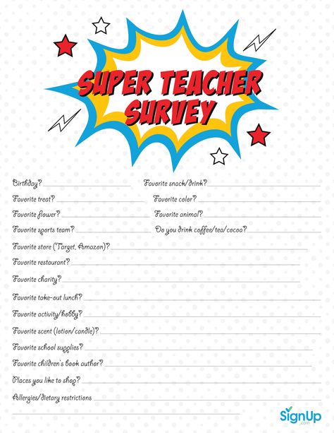 Teacher Preference Survey, Teacher Likes Survey, Teacher Likes Survey Free Printable, Teacher Appreciation Template, All About The Teacher, Appreciation Template, Teacher Morale, Room Parent, Prek Teacher