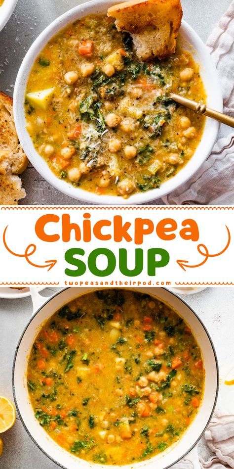 This Chickpea Soup is a hearty and delicious soup that's healthy, satisfying, and full of flavor. This soup recipe is a great addition to your easy Fall comfort food ideas! Chickpea Veggie Soup, Soup Recipes With Chickpeas, Lemony Chickpea Soup, Chickpea And Rice Soup, Easy Chickpea Soup, Healthy Chickpea Soup, Cabbage Chickpea Soup, Chickpea Spinach Soup, Kale Chickpea Soup