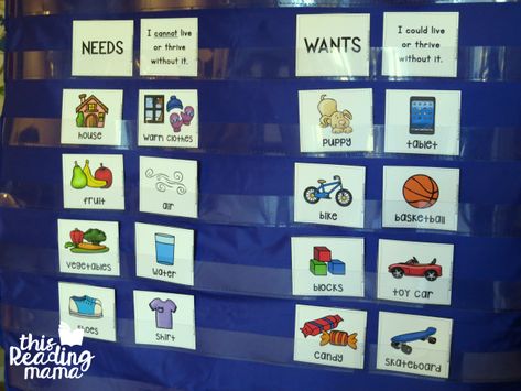 NEEDS AND WANTS ACTIVITY - Google Search Wants And Needs Kindergarten, Kindergarten Wants And Needs, Wants And Needs Activities, Wants Vs Needs, Pocket Chart Center, Needs Vs Wants, Financial Literacy Lessons, Pocket Chart Activities, Brownie Scouts