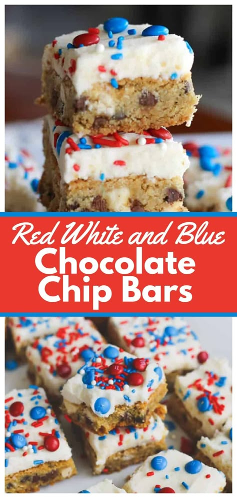 Looking for the perfect 4th of July party food or treat? Try our homemade Red White and Blue Chocolate Chip Cookie Bars. These chewy and buttery cookie bars have a delicious balance of vanilla milk chips and chocolate chips, and are topped with a tempting layer of vanilla buttercream and red, white, and blue decorations for a patriotic touch. Impress your guests with this easy and delicious chocolate chip cookie bar recipe that's perfect for your 4th of July treats. Chips And Chocolate, 4th July Food, Patriotic Desserts, Chocolate Chip Bars, Blue Desserts, 4th Of July Desserts, Vanilla Milk, Chocolate Chip Cookie Bars, Fourth Of July Food