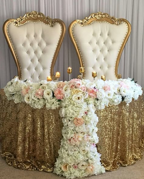 Bride and Groom table. White and Gold. Bride And Groom Chairs At Reception, Gold Sweetheart Table Wedding, Bride And Groom Table Ideas, Bride And Groom Reception, Bride And Groom Table, Bride Groom Table, Sweetheart Table Wedding, Wedding Chair Decorations, Bridal Table