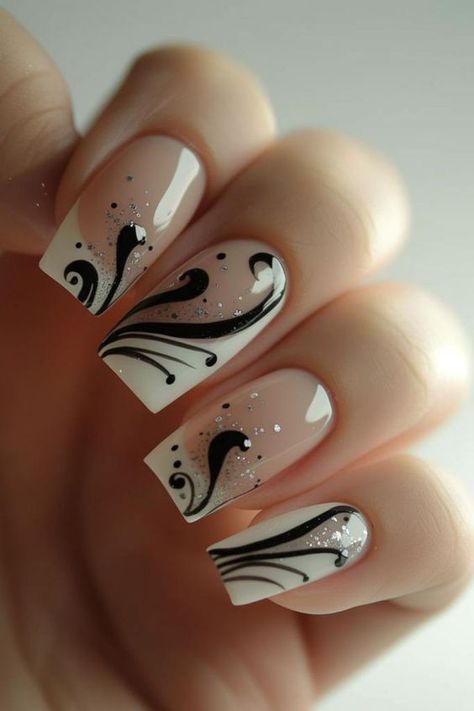 Gel Nails Swirls, Classy White Nails With Designs, Nail Design Ideas Square, Elegant Black And White Nails, Black And White Gel Nail Designs, Black And White Simple Nails, White Fancy Nails, Black And White Nail Designs Elegant, Black And White Wedding Nails