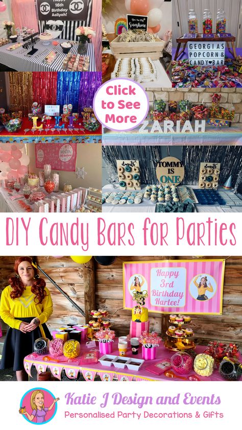 Make your Next Party Sweeter than Ever with these Tips for Creating your own Candy, Treat, and Lolly Bar for Guests. They are Sure to Make your Celebration Sweet! Candy Bar Ideas Birthday Sweet 16, Sweet Stand Parties, Make Your Own Candy Bar, Candy Bar For Birthday Party, Simple Candy Table Ideas, Candy Bars Ideas For Parties, Candy Bar Ideas Birthday, Candy Bar Ideas For Parties, Candy Buffet Ideas Birthday