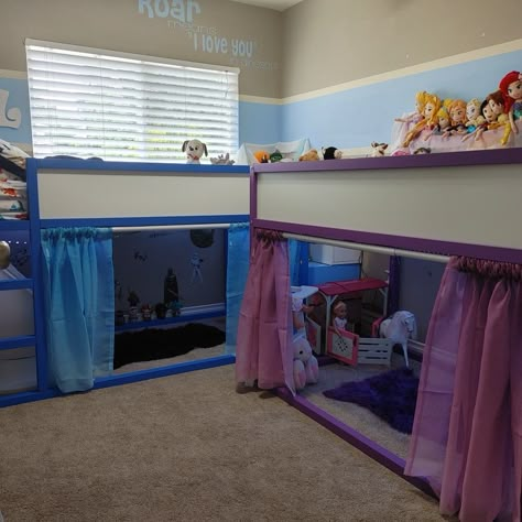 Son And Daughter Share Bedroom, Loft Bed Ideas For Shared Rooms, Loft Beds Shared Room, Son And Daughter Room Ideas, Split Room Ideas Bedrooms Kids Boy And Girl, Loft Beds For Low Ceilings, Unique Shared Bedroom Ideas, Co Ed Room Shared Bedrooms, Shared Bedroom Ideas For Small Rooms