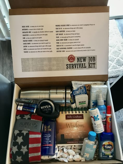 New Job Survival Kit I made for my boyfriend Boyfriend Survival Kit, Office Survival Kit, Kit Gift Ideas, New Job Survival Kit, New Job Gifts, Boyfriend Care Package, You're The Balm, Survival Kit Gifts, Boyfriend Gift Basket