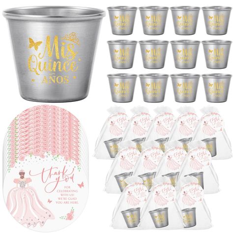 PRICES MAY VARY. Quinceanera Party Favors Bulk: you will receive 25 pieces of mini shot glasses, 25 thank you cards and 25 organza bags, ensuring that each guest receives a special keepsake, making your event memorable and unique, providing a delightful experience for your guests Ideal Material: our shot glasses are made of stainless steel to ensure rust resistance; The thank you cards are made of premium 250g coated paper that won't tear easily; The Organza Bags are made from soft yet durable o Cricut Party Favors, Quinceanera Cards, 15 Birthday Party, Sweet 15 Birthday, Quinceanera Party Favors, Bulk Party Favors, 15 Birthday, Short Glass, Birthday Souvenir