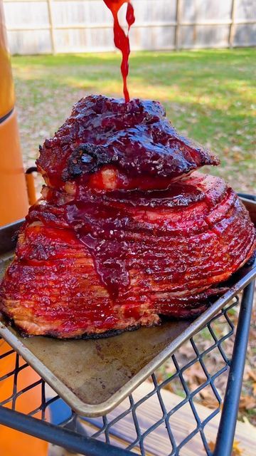 Breanna Stark on Instagram: "Smash or Pass? Raspberry Bourbon Glazed Ham 🤤 Start with a bone-in ham. This one was spiral sliced, but a whole unsliced ham works fine! Slather it in mustard, then season it with your favorite pork rub. I used the Notorious PIG by @psseasoning 🔥 Then I fired up the @oklahomajoes Bronco Pro to 250°F with oak lump charcoal and a few chunks of pecan wood. Place your ham directly on the grates and let it smoke for a couple hours until it hits about 130°F internal. Bourbon Ham Glaze, Smoked Ham Glaze, Chuckwagon Cooking, Bourbon Glazed Ham, Smoked Ham Recipe, Ham Recipes Baked, Ham Glaze Recipe, Spiral Ham, Bourbon Glaze