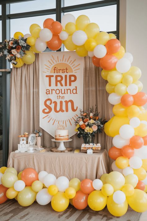 First Trip Around the Sun 1st Birthday Party Curious One Birthday, Summer Baby Birthday Ideas, Summer 1st Birthday Party Girl, First Birthday Girl Ideas, Sun 1st Birthday Party, Birthday Ideas Themes, Birthday Girl Ideas, Babies First Birthday, Sunshine First Birthday