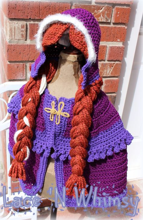 Lace and Whimsy: Free Crochet Pattern Frozen Anna Cape Costume Kids Cape Pattern, Anna Cape, Crochet Cape Pattern, Crochet Character Hats, Disney Crochet Patterns, Crochet Costumes, Crochet Princess, Cape Costume, Crochet Cape