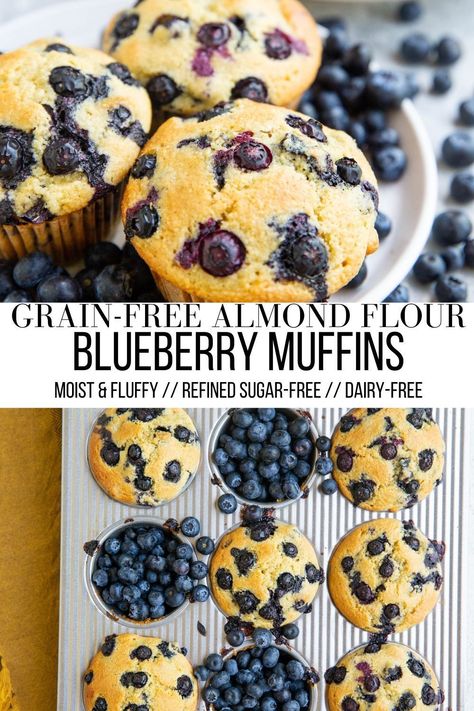 Blueberry Almond Flour Muffins made grain-free, dairy-free, and refined sugar-free. These healthy blueberry muffins are moist, fluffy, perfectly sweet and make for a wholesome snack or breakfast! #grainfree #paleo #glutenfree #healthy #muffins #almondflour Banana Muffins No Sugar, Frozen Blueberry Muffins, Sugar Free Blueberry Muffins, Dairy Free Blueberry Muffins, Almond Flour Blueberry, Aip Paleo Desserts, Almond Flour Blueberry Muffins, Paleo Blueberry Muffins, Flax Muffins