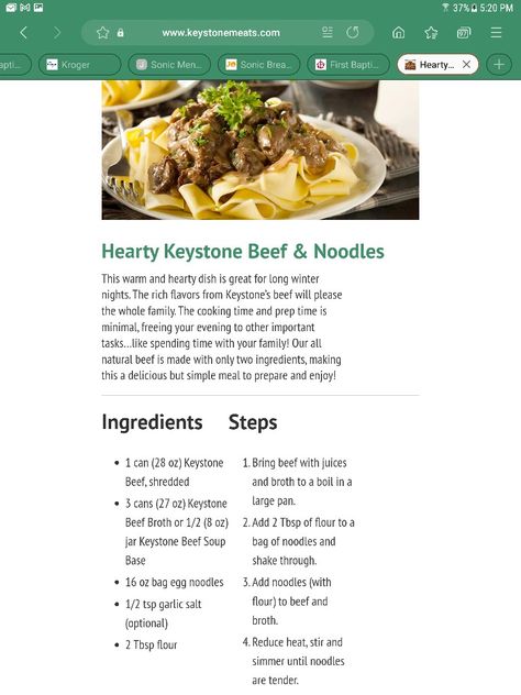 Keystone Beef And Noodles, Beef And Noodles, Broth, Cooking Time, Noodles, Comfort Food, Waffles, Easy Meals, Meat