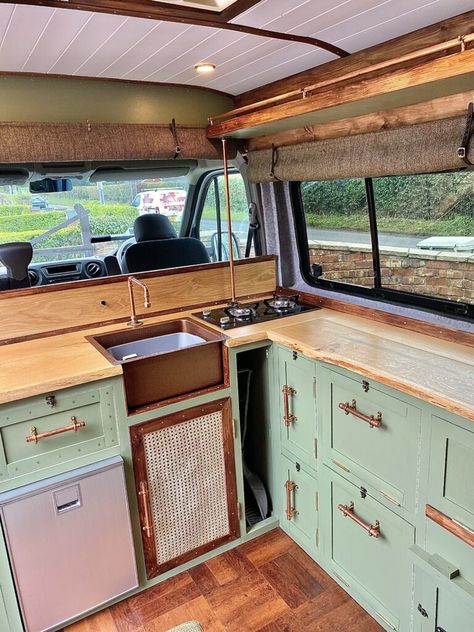 Uk Campervan Conversions, Campervan Cupboard Ideas, Movano Camper Conversion, Rustic Campervan Interior, Small Van Conversion Ideas, Campervan Flooring, Campervan Kitchen Ideas, Off Grid Camping, Folding Caravan