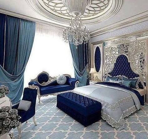 Royal Blue Bedrooms, بيوت ملكية, Royal Room, Royal Bedroom, Fancy Bedroom, Drawing Room Decor, Luxury Bedroom Design, Luxury House Interior Design, Luxurious Bedroom