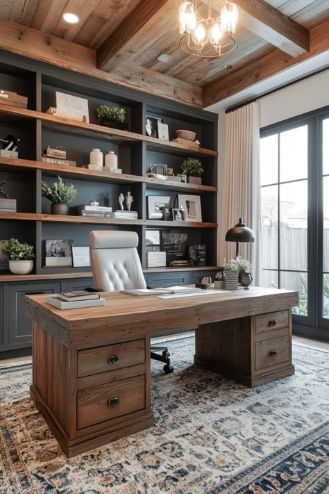 29 Transitional Decor Ideas for Modern Elegance 11 Office Wooden Desk, Home Office Ideas Wooden Desk, Office Ideas Wood Paneling, Office Old Style, Sleek Home Office Design, All Wood Office, Home Office Functional, Office Interior Design Farmhouse, Modern Rustic Office Design