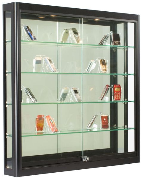 3x3 Wall Mounted Display Case w/Slider Doors & Mirror Back, Locking - Black Wall Mounted Display Case, Wall Mounted Display Cabinets, Wall Display Case, Wall Display Cabinet, Cabinets With Glass Doors, Trophy Display, Slider Door, Glass Showcase, Glass Display Case