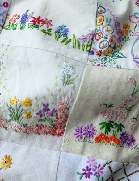 Vintage Embroidery Quilts, Quilt From Vintage Linens, Vintage Embroidered Tablecloths Repurpose, Quilts Using Vintage Embroidered Linens, The Linen Garden, Vintage Linens Quilt, Embroidery Blankets Ideas, Vintage Linen Quilts, Embroidered Pillowcases Ideas