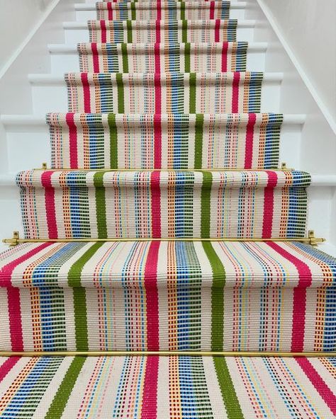 Christina on Instagram: "My DIY stair runner is still an all time fave of our family. It took creepy basement stairs, to colorful, fruit stripe happiness. For the details on how I installed this runner, and the materials required, check the stair runner highlight at the top of my bio. Or you can shop this space by finding me on the LTK app!

#annieselke #stairrunner #stairway #grandmillennialstyle #coastalgrandmother #colorfulhome #grandmillennial #diyblog" Hallway Color Ideas, Diy Stair Runner, Converted Attic, Apartment Loft Ideas, Creepy Basement, Lilac House, Built In Office, House Improvement Ideas, Staircase Wood