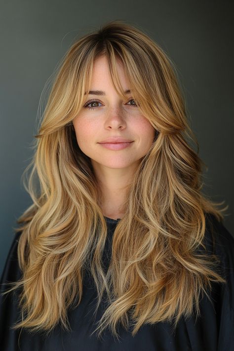 13. Golden Brown Tresses with Side Bangs (Long Layered Hair With Bangs) - Long Layered Hair With Bangs Subtle Side Bangs, Layered Side Bangs, Long Layered Hair With Bangs, Angled Bangs, Long Layers With Bangs, Dark Blonde Highlights, Bangs Ideas, Textured Bangs, Sweeping Bangs