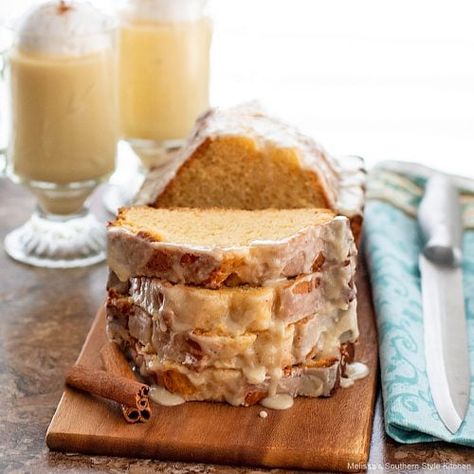 Glazed Eggnog Bread - melissassouthernstylekitchen.com Eggnog Bread Recipe, Slow Cooked Ham, Specialty Breads, Eggnog Bread, Eggnog Dessert, Southern Cookbook, Brunch Dessert, Yummy Bread, Xmas Baking