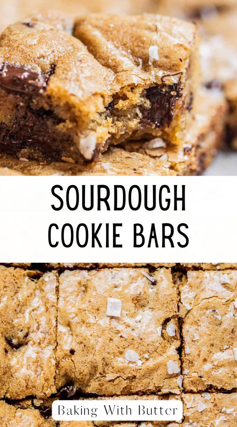 These sourdough cookie bars are my go-to when I want thick, chewy bars with rich flavor. Made with browned butter and loaded with chocolate, they taste just like chocolate chip cookies—but without the hassle of rolling individual dough balls! The sourdough discard starter adds a subtle tang that takes the flavor to the next level. If you love chocolate chip cookies, you’ll love these easy-to-make cookie bars! Cookies With Sourdough Discard, Sourdough Chips Recipes, Sourdough Discard Chips, Sourdough Cookies Discard, Chewy Chocolate Chip Bars, Sourdough Starter Cookie Recipes, Sourdough Desserts Quick, Sourdough Sweet Treats, Chocolate Sourdough Cookies