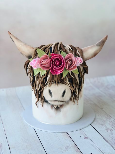 Hyland Cow Cake, Cow Party Theme, Cow Print Birthday Cake, Highland Cow Birthday Cake, Vaquero Cake, Animal Themed Cake, Highland Cow Party, Highland Cow Cake, Highland Cow Birthday