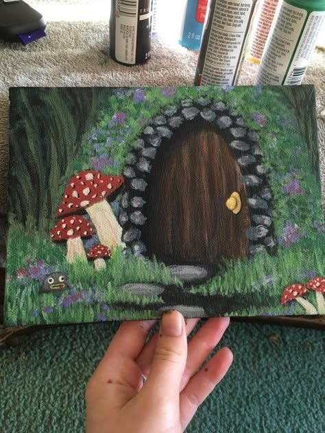 Cottagecore Painting, Funny Painting, Trippy Painting, Hippie Painting, Simple Canvas Paintings, Cute Canvas Paintings, Christmas Painting, Over The Garden Wall, Mushroom House