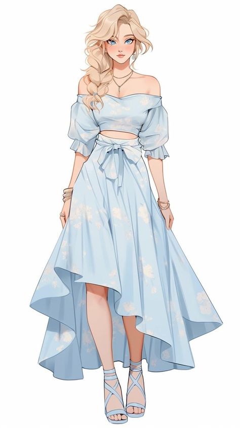 How To Draw Flowy Dresses, Dress Ideas Sketch, Simple Dress Design Drawing, Ocean Themed Outfits Drawing, Long Dress Pose Reference, Simple Dress Drawing Ideas, Chiffon Outfits Ideas, Anime Swimsuits Outfit Art, Water Outfits Drawing