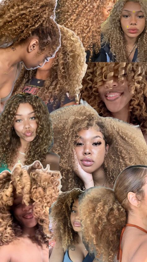 Blonde curly hair, curly hair, blonde curly hair black women, honey blonde hair Black Women Honey Blonde Hair, Blonde Curly Hair Black Women, Honey Brown Hair Dye, Hair Blonde Curly, Curly Hair Black Women, Curly Hair Blonde, Blonde Hair Black Women, The Wet Look, Blonde Dye