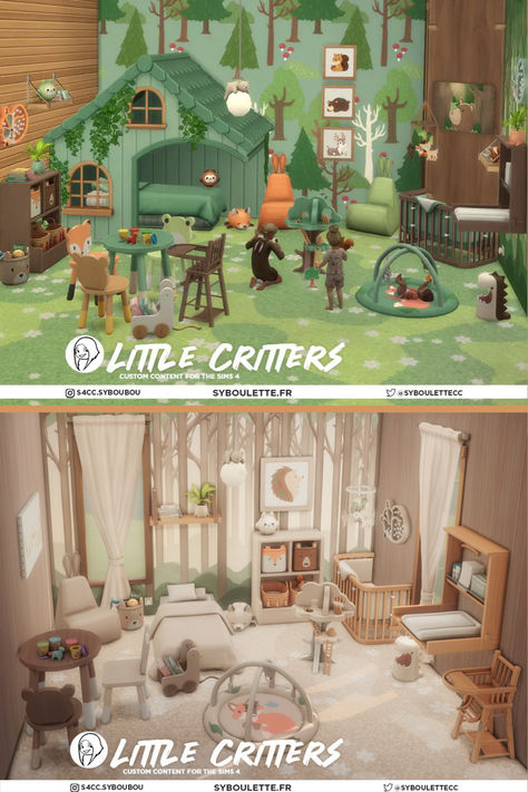 collage of a woodland inspired nursery in green or beige tones Sims 4 Cc Winter Furniture, Sims 4 Bedroom Maxis Match, Modern Bedroom Sims 4, Bedroom Cc Maxis Match, Sims Toddler Room, Sims 4 Child Room Cc, Kids Bedroom Sims 4, Sims 4 Toddler Bed Cc, Sims 4 Boho Bedroom