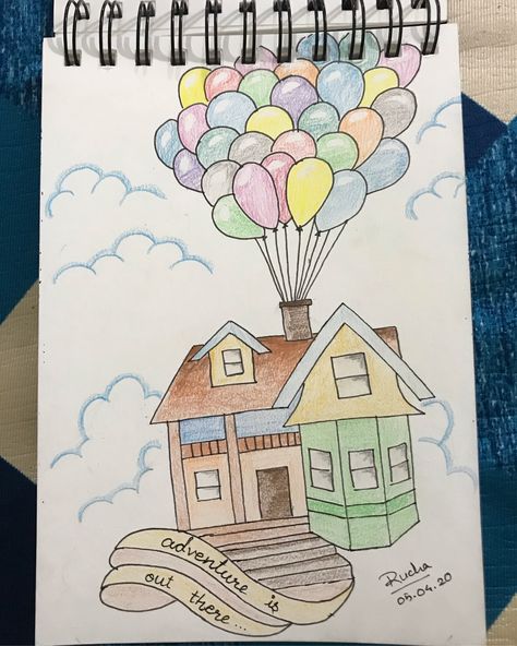 Pencil Color Drawing Easy Aesthetic, Up Drawings Pixar, The Up House Drawing, Up Movie Painting Ideas, Up Drawings Pixar House Easy, Up House Painting Disney Easy, Up House Drawing, Boho Art Drawings, Disney Up