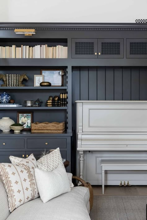 Transitional Lounge Room, Piano Bookcase Wall, Built In Bookshelves Around Piano, Front Room With Piano, Piano Built In Bookcase, Built Ins Around Piano, Home Library With Piano, Library With Piano, Piano In Dining Room