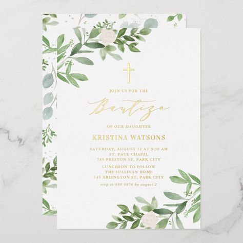 Watercolor Greenery and White Flowers Bautizo Foil Invitation Baby Dedication Invitation, Dedication Invitations, Confirmation Ideas, Confirmation Party, Elegant Engagement Party, Greenery Invitation, Confirmation Invitations, First Communion Invitations, Bar Mitzvah Invitations