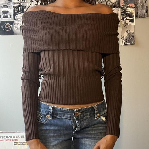 “It’s Our Time” off the shoulder brown sweater Size... - Depop Brown Off The Shoulder Top, Brown Sweater Png, Brown Off The Shoulder Top Outfit, Off The Shoulder Shirt Outfit, Brown Aura, Shifting Closet, Off The Shoulder Top Outfit, Off The Shoulder Sweater, Interactive Stories