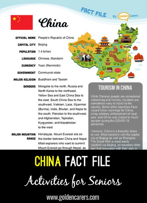 China Fact File: An attractive one-page fact file all about China. Print, distribute and discuss! China Facts, Multicultural Activities, All About China, About China, Senior Activities, Free Activities, Memory Games, Home Activities, First Page