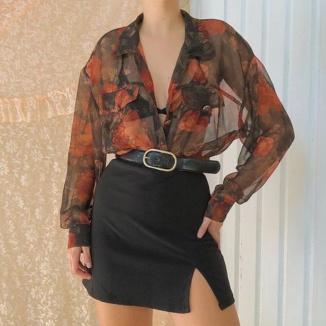 Mesh Button Down Outfit, Sheer Button Down Outfit, Sheer Black Blouse Outfit, Floral Button Down Shirt Outfit, Flower Button Up Shirt Outfit, 90s Blouse Outfit, Black Sheer Blouse Outfit, 80s Blouse Outfit, Sheer Button Up Outfit