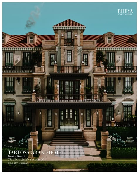 Tartosa Grand Hotel ♥ The Sims 4: Build // CC | Patreon Sims 4 Hotel Build, Old Money Sims 4, Sims 4 Mafia, Sims 4 Hotel, Sims 4 Stories, Dark Academia Wall, Luxurious Mansion, Sims 4 Lots, Spring House